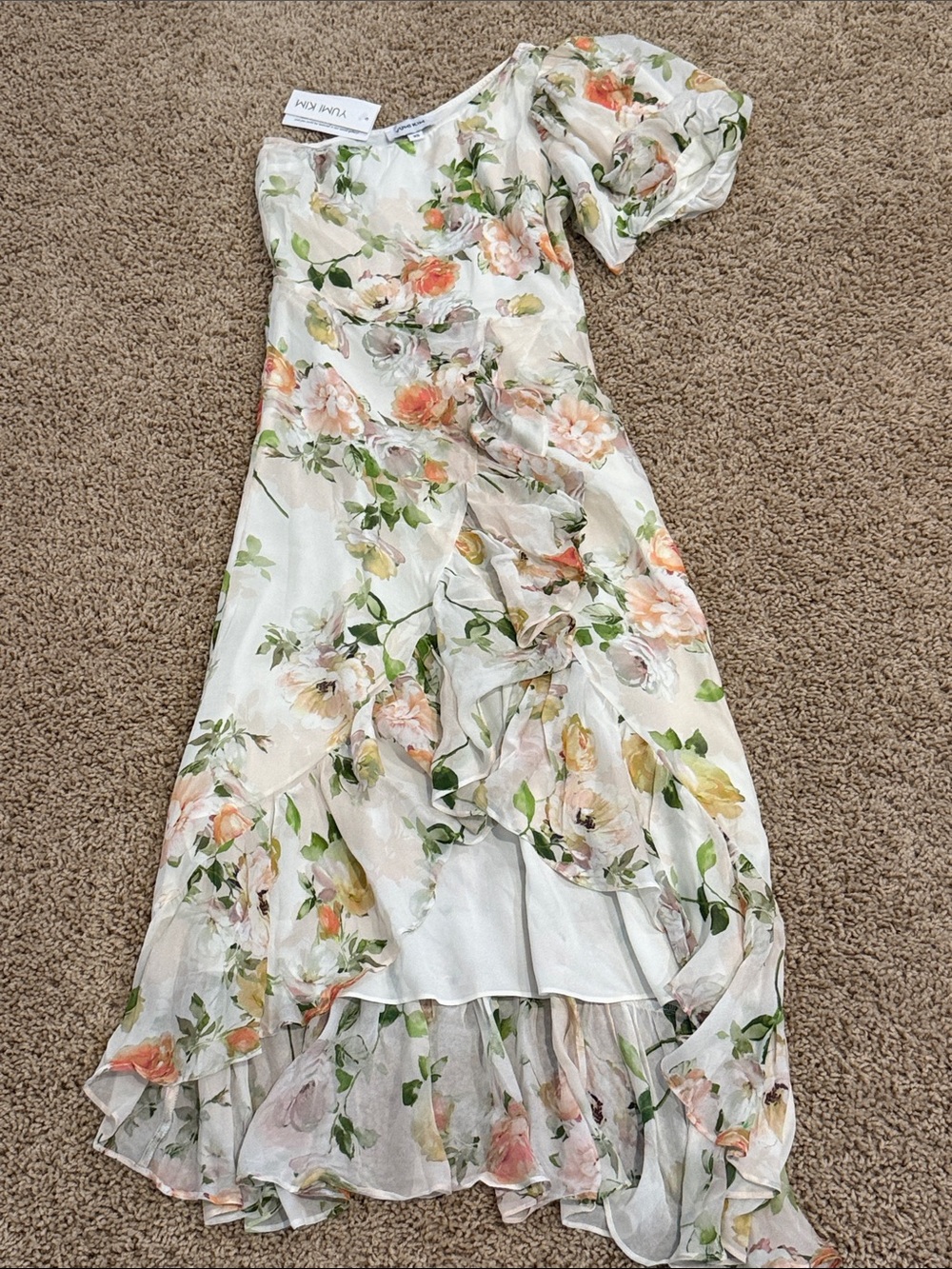 * NWT * Yumi Kim Ivory One-Shoulder Floral Ruffle Maxi Dress with Peach & Green